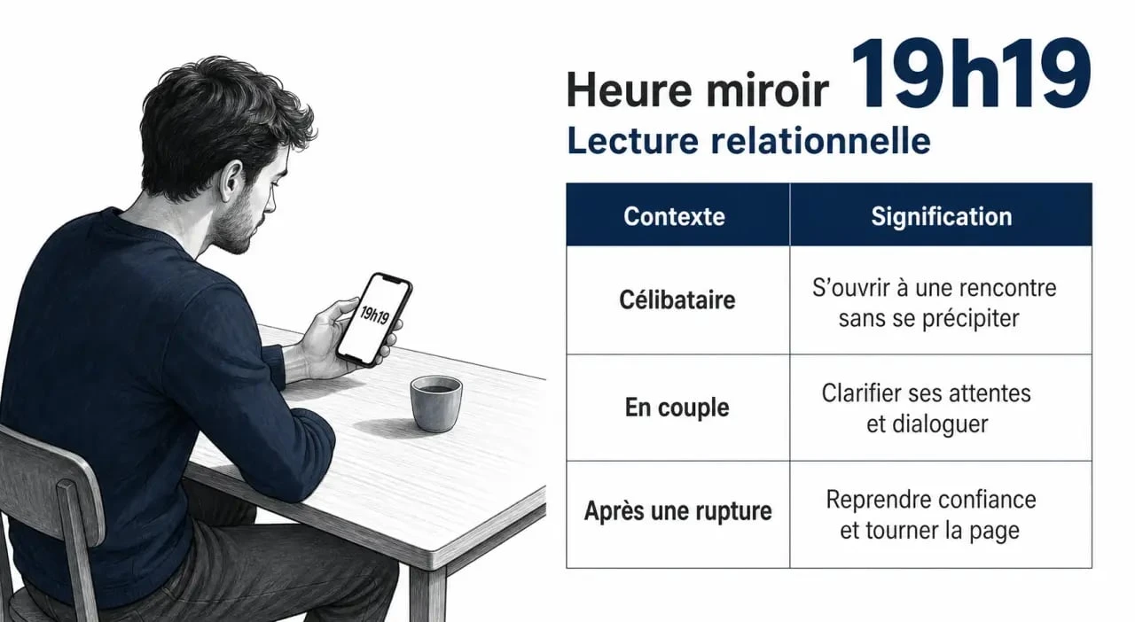 19h19 célibataire : illustration éditoriale montrant une personne seule face à son smartphone et un résumé visuel des significations selon la situation amoureuse