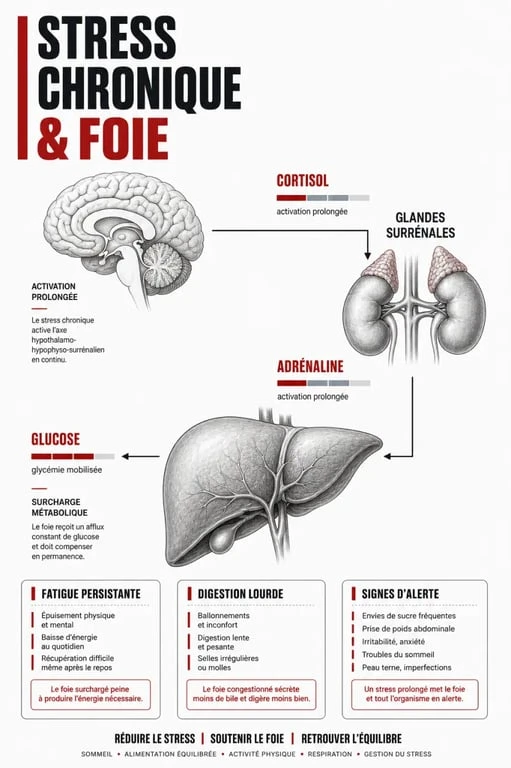 Infographie sur le stress du foie, le cortisol, l’adrénaline et les signes associés