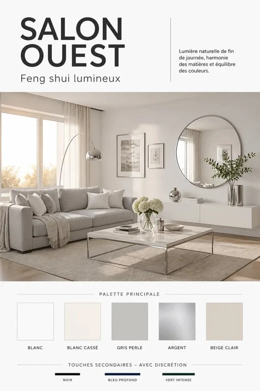 Feng shui couleur ouest : salon clair avec accents argentés et palette blanc, gris perle, crème
