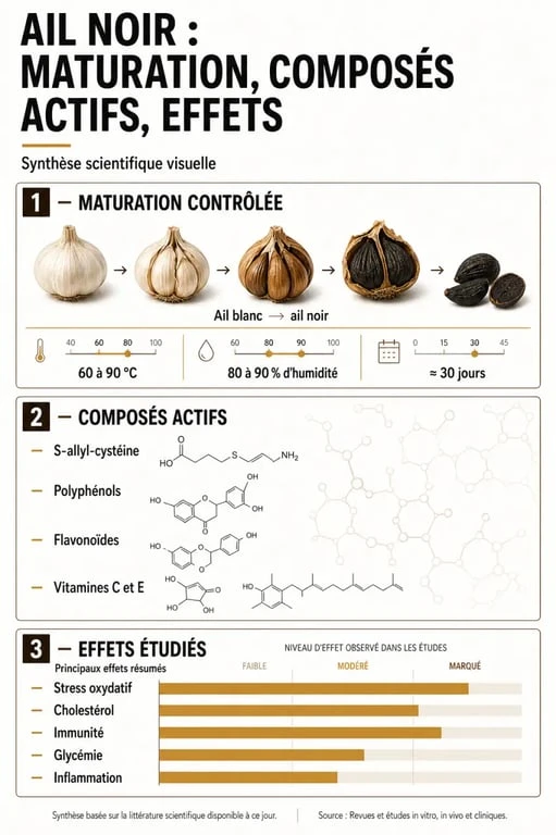 Bienfaits de l ail noir : schéma santé sur la fermentation, les composés actifs et les effets principaux