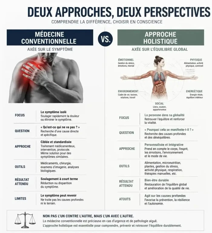 Tableau comparatif entre médecine conventionnelle et médecine holistique pour comprendre leurs différences.