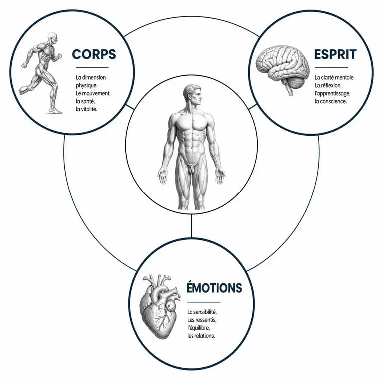 Schéma illustrant les trois piliers de la médecine holistique : corps, esprit et émotions.