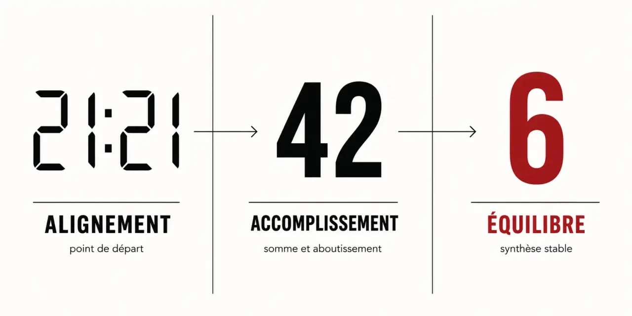 Heure miroir 21:21 illustrée par le passage symbolique de 21:21 à 42 puis 6