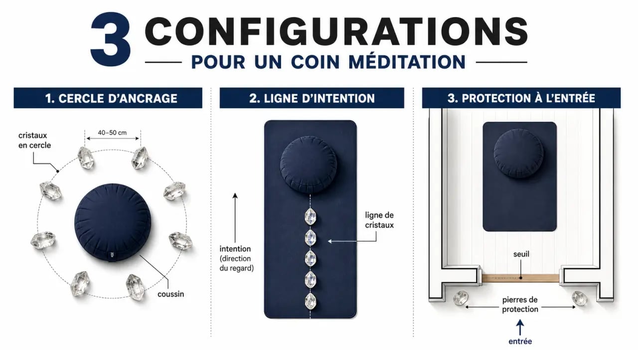 Créer un coin méditation apaisant avec des cristaux énergétiques : schéma de disposition des pierres