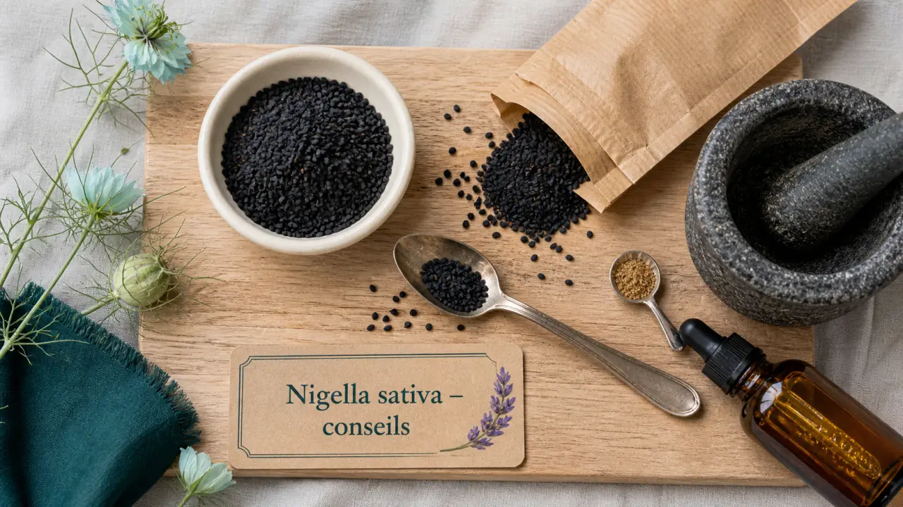 Habba sawda : graines noires de Nigella sativa (Nigella sativa) sur planche