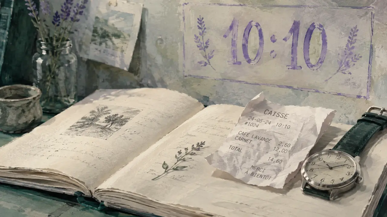 1010 signification spirituelle : carnet, montre et heure miroir 10:10