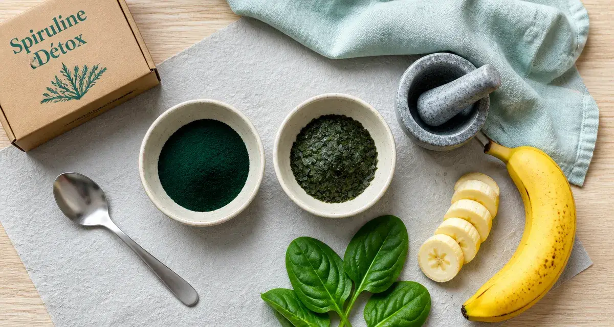 Photo d’algues compléments alimentaires : spiruline en poudre et chlorella