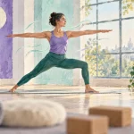 Énergie yoga : femme en posture du guerrier, yoga et souffle