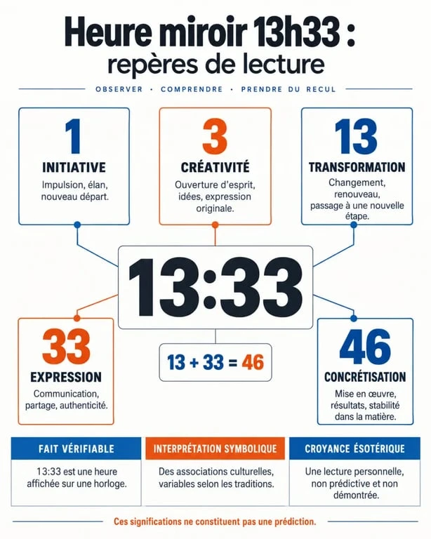 Infographie sur la signification de l'heure miroir 13h33 et ses interprétations symboliques