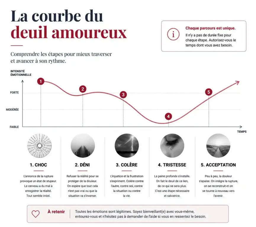 Infographie des étapes du deuil amoureux pour se remettre d'une rupture
