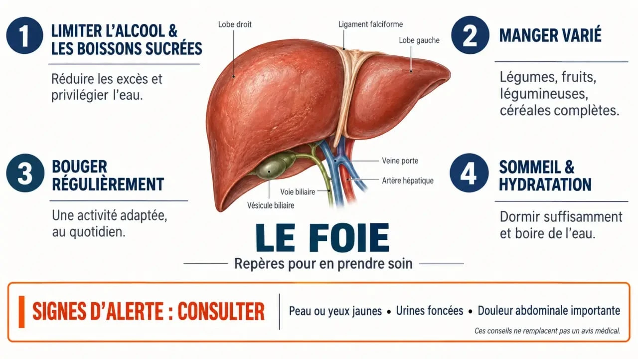 Infographie des soins pour le foie : alimentation, activité physique, sommeil et signes d’alerte