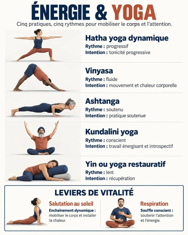 Infographie énergie yoga : styles de yoga, respiration et salutation au soleil pour retrouver de la vitalité