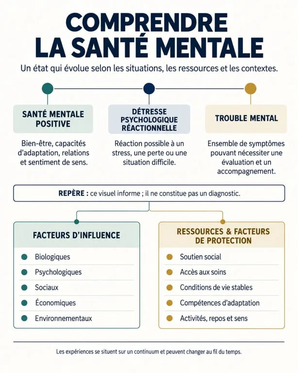 Définition santé mentale (santé mentale def) : continuum entre bien-être, détresse psychologique et trouble mental