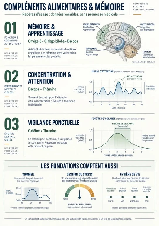 Infographie sur le complément alimentaire mémoire, la concentration, la vigilance et les actifs à comparer