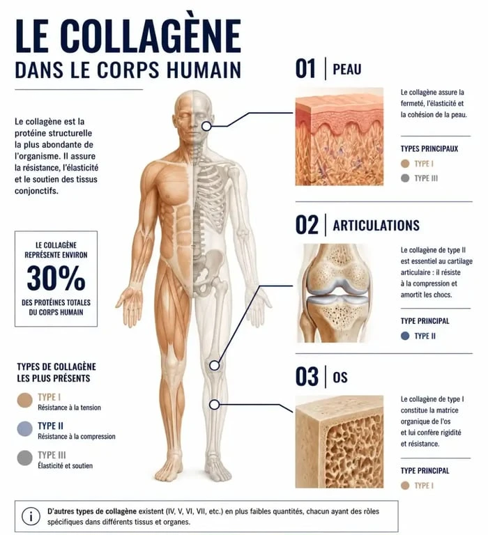 Infographie sur les bienfaits et le rôle du collagène dans l'organisme pour la peau et les articulations