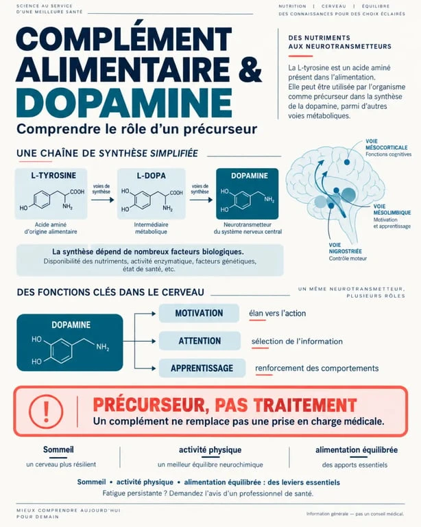Schéma explicatif d’un complément alimentaire dopamine et du rôle de la L-tyrosine