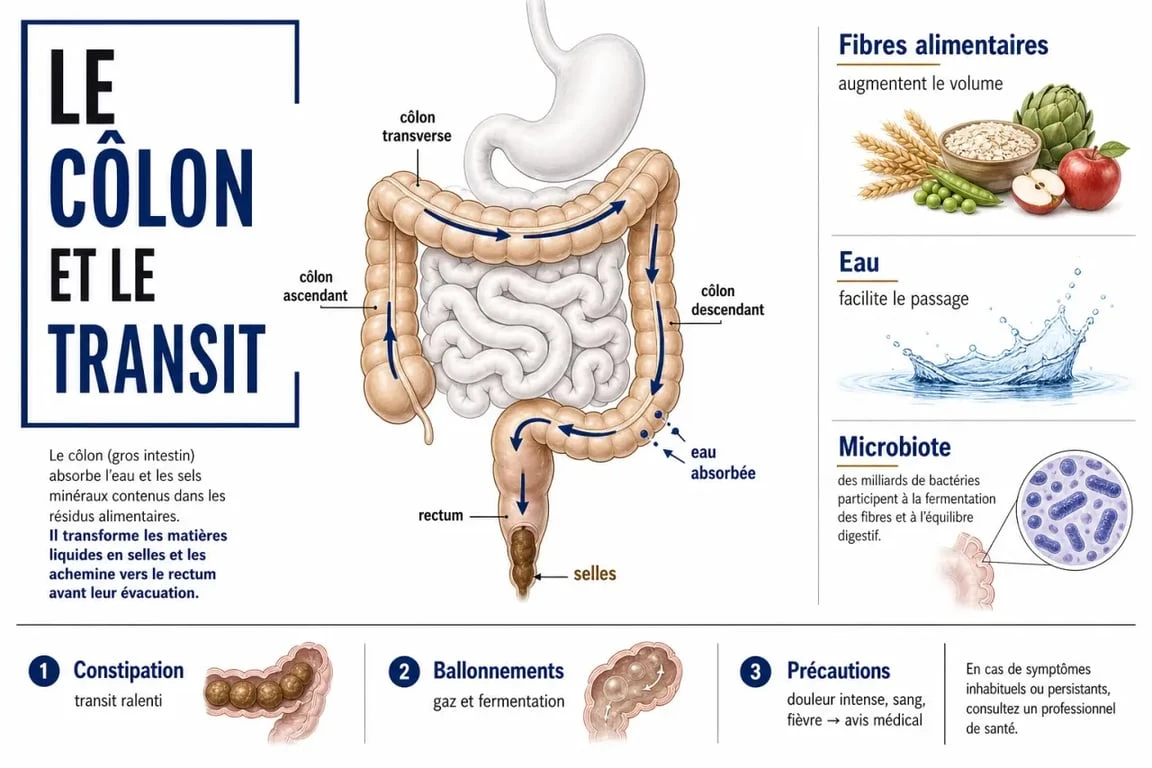 nettoyage intestinal : schéma du côlon, du transit, des fibres et des précautions