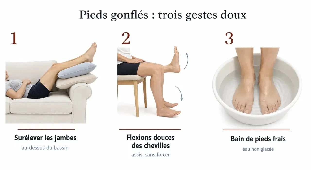 Remède de grand mère pour les pieds gonflés : jambes surélevées, pompe de cheville et bain de pieds frais