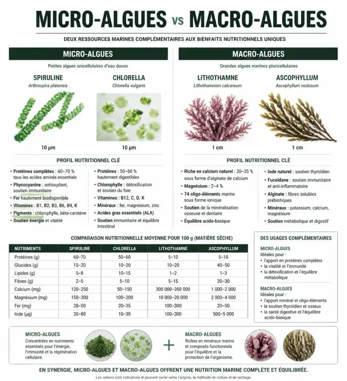Comparatif des bienfaits des algues en compléments alimentaires : micro-algues vs macro-algues