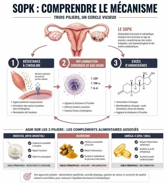 Infographie sur les mécanismes du SOPK et les compléments alimentaires associés pour la gestion des symptômes