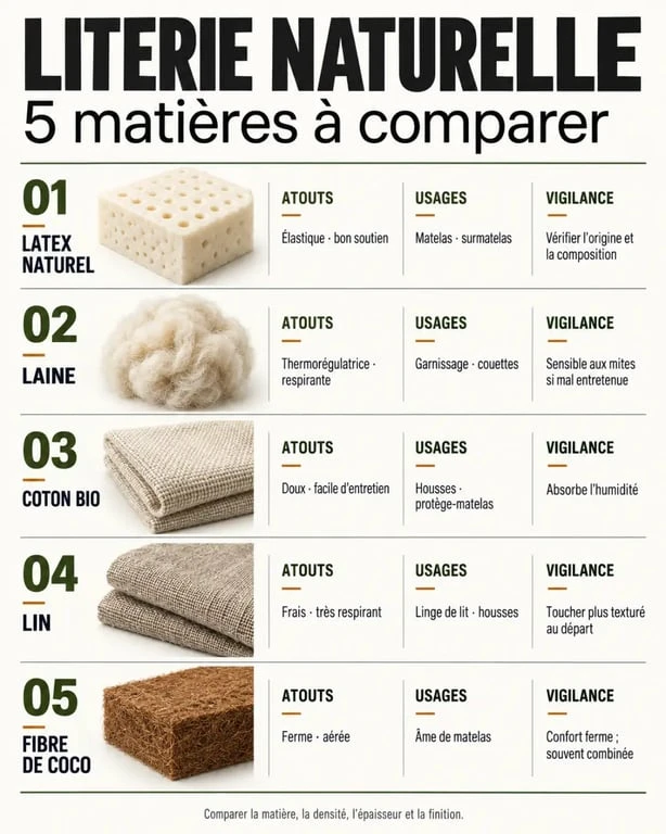 Literie naturelle : comparaison du latex, de la laine, du coton bio, du lin et de la fibre de coco