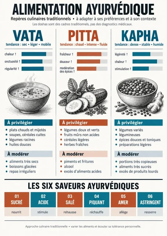Infographie sur l’alimentation ayurvédique selon les doshas Vata, Pitta et Kapha