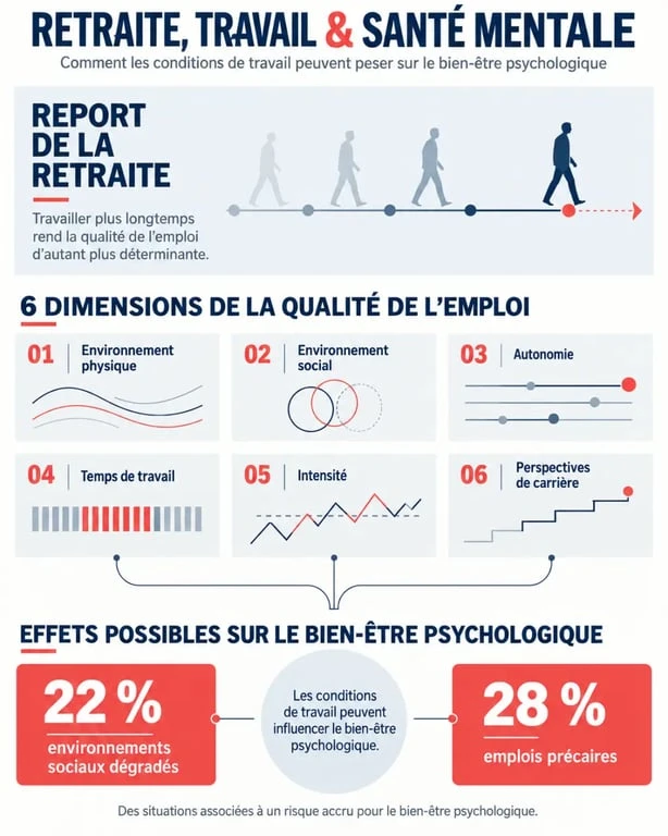 Infographie sur la retraite, la santé mentale et les conditions de travail