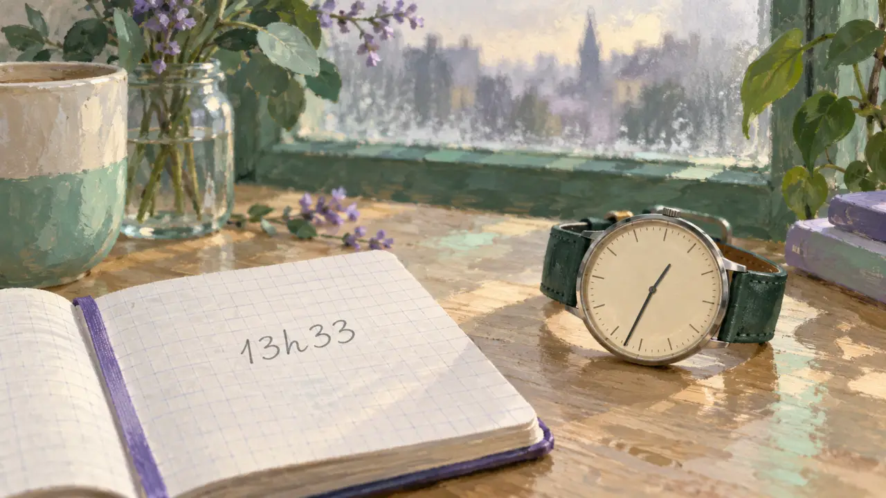 heure miroir 13h33 sur carnet et montre analogique