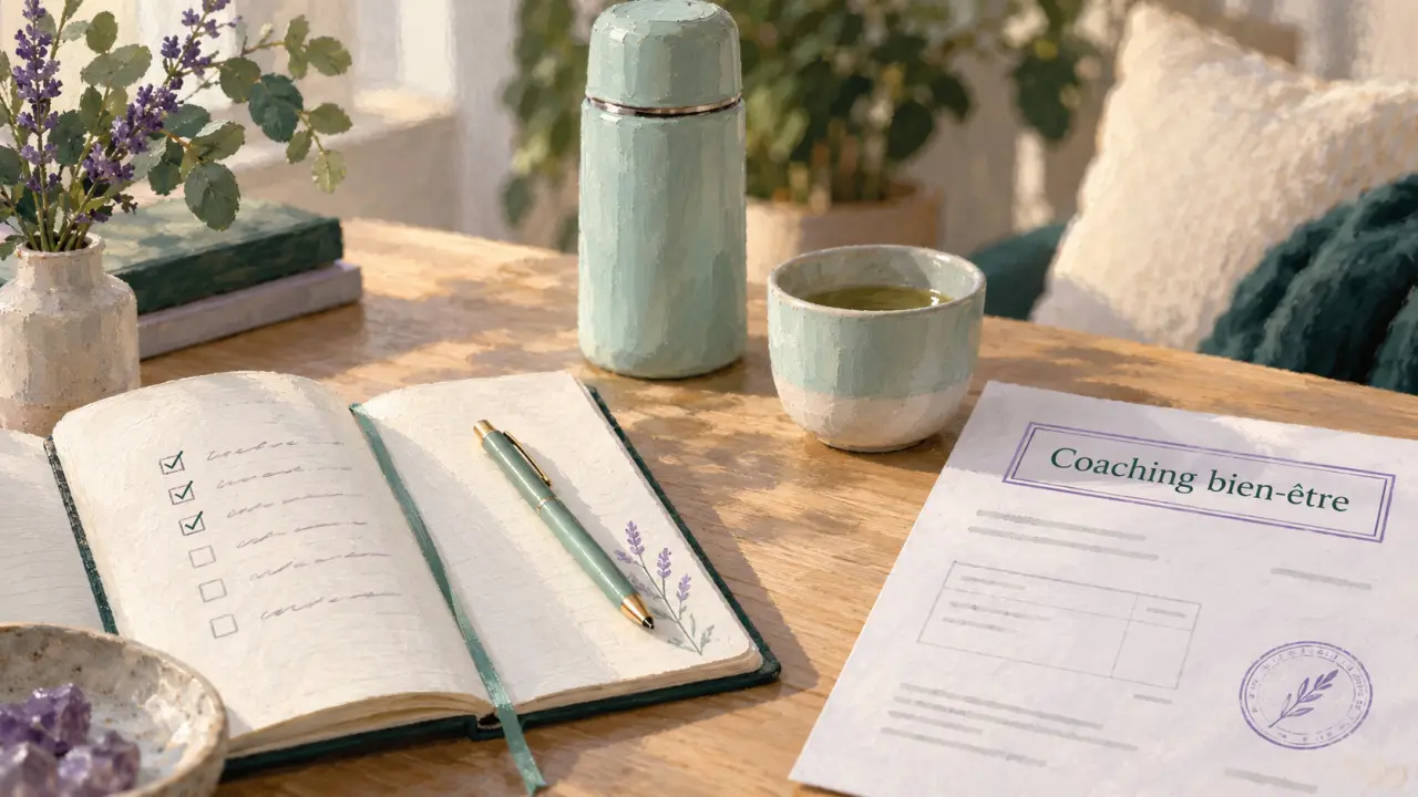 Coach bien être : carnet et thermos menthe sur table