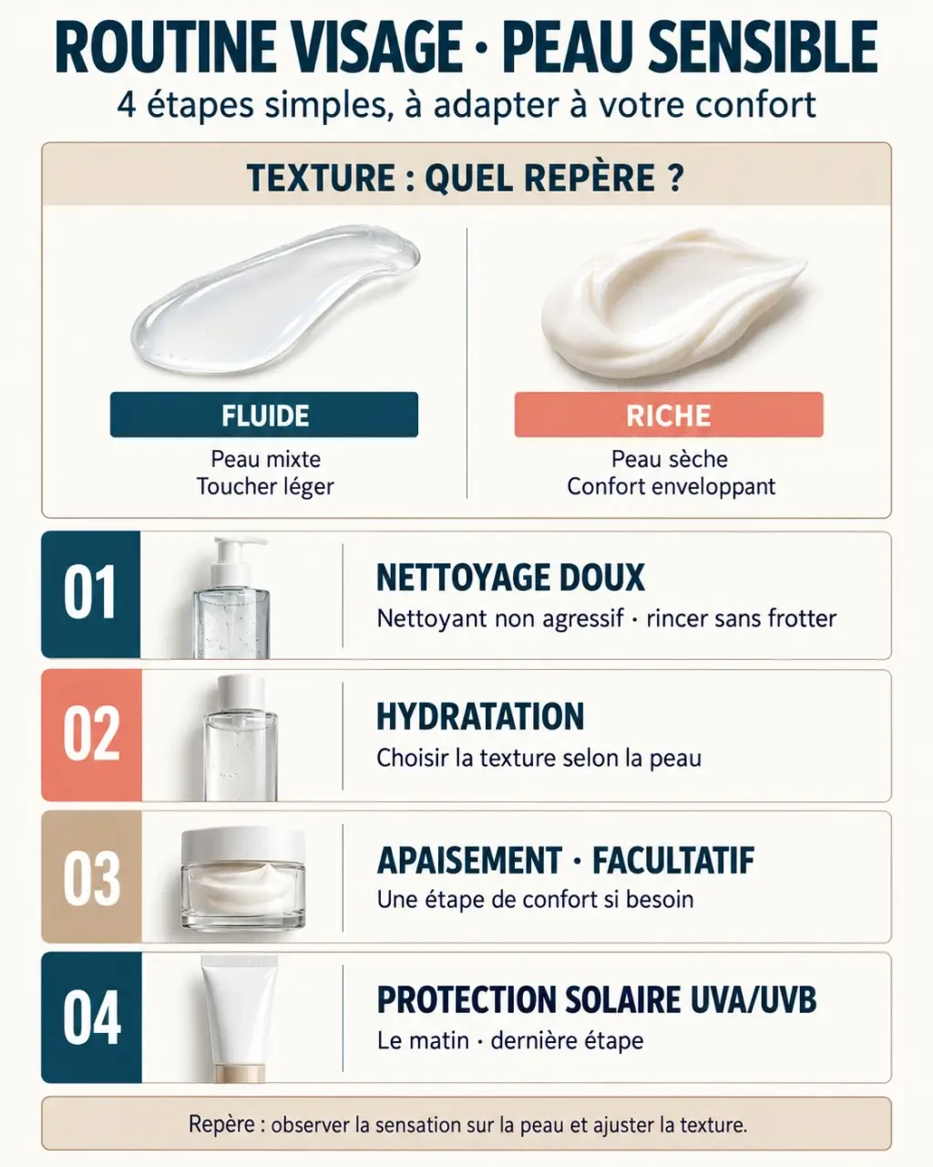 Infographie sur une routine de soin visage peau sensible avec nettoyage, hydratation et protection solaire