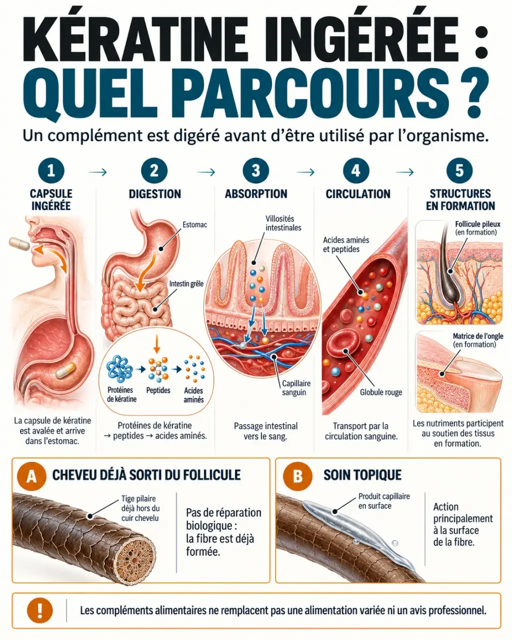 Infographie sur le complément alimentaire de kératine, sa digestion et son action progressive sur le follicule pileux