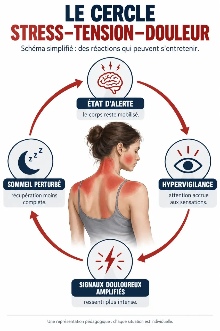 Schéma du lien entre stress et douleurs musculaires et articulaires, avec tension musculaire, sommeil perturbé et hypervigilance