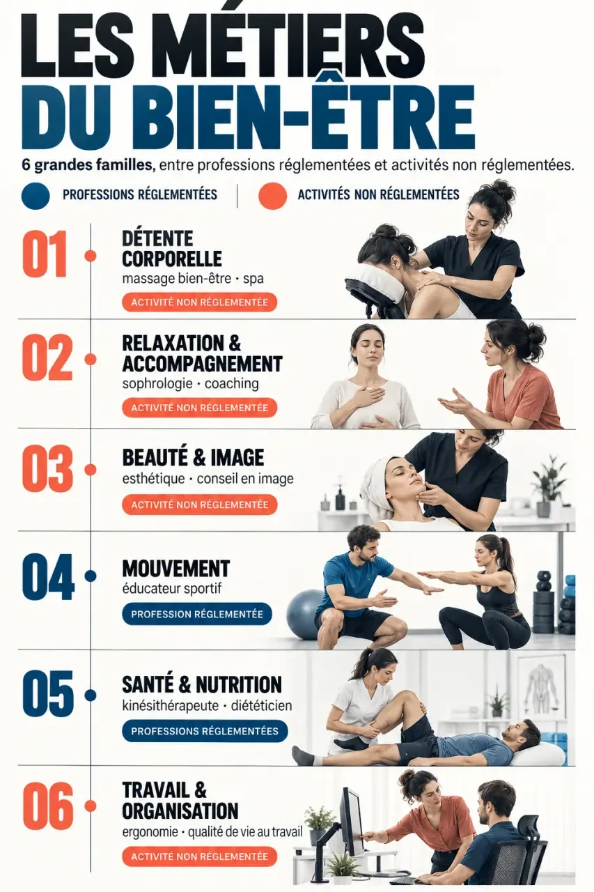 Infographie des familles du métier du bien être et de leurs cadres d’exercice
