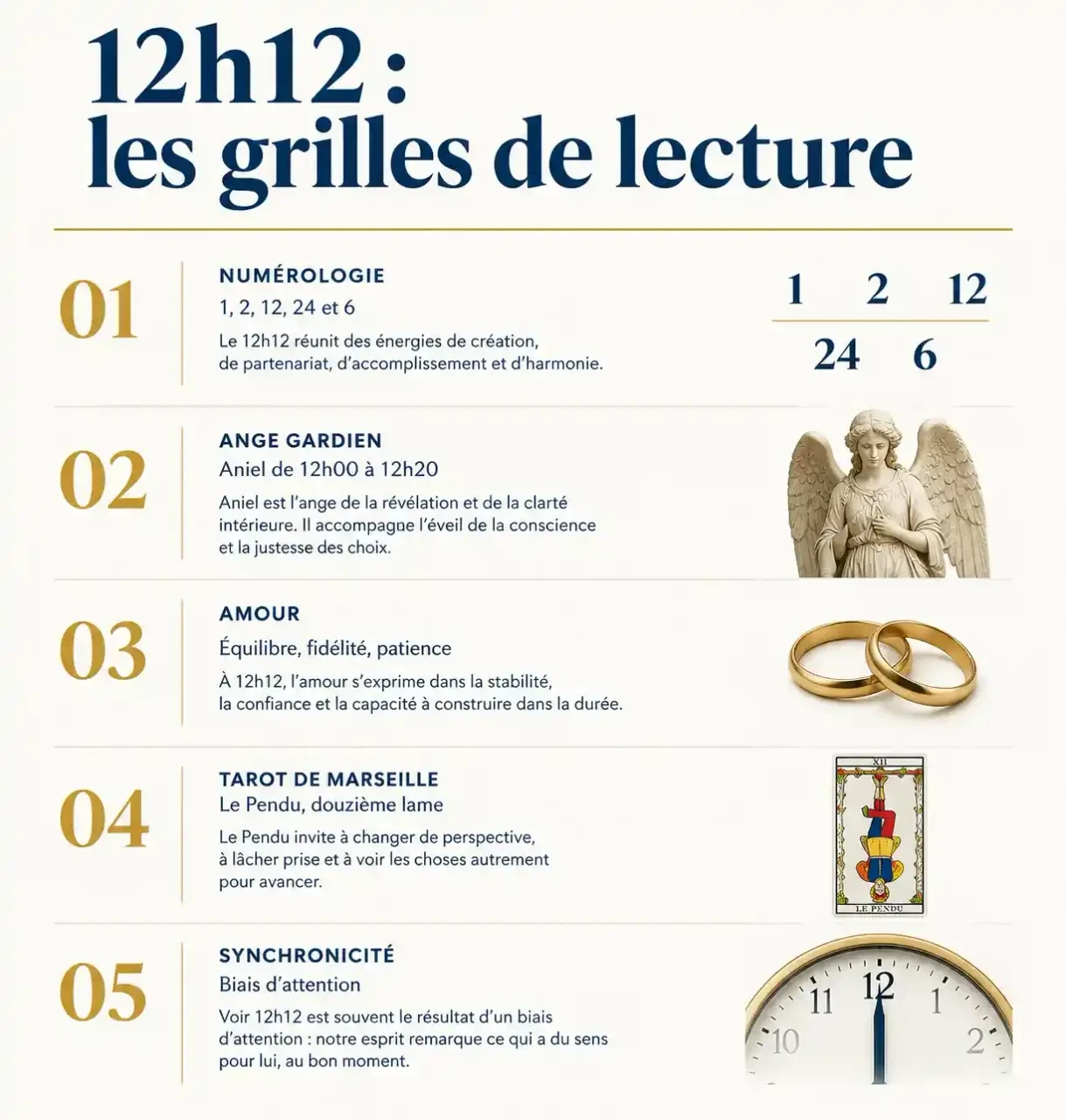 Synthèse des significations de l'heure miroir 12h12 en numérologie, angélologie, amour et tarot