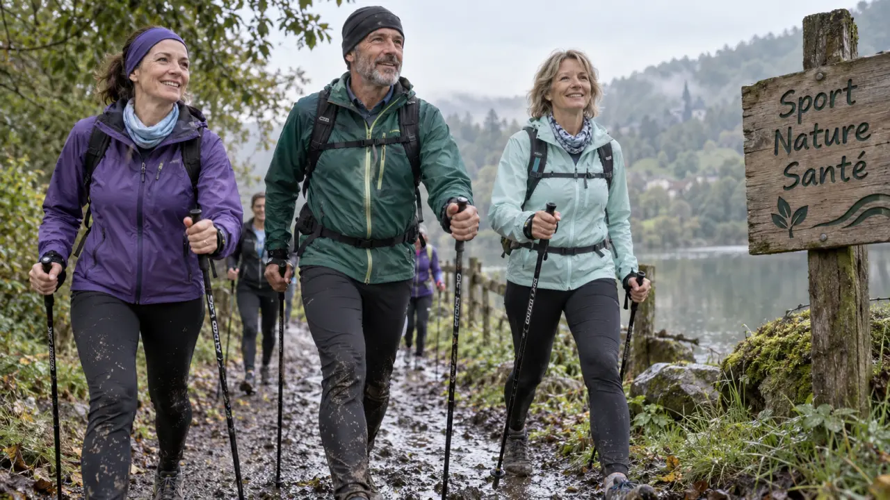 Sport nature santé : marche nordique dehors sur sentier humide